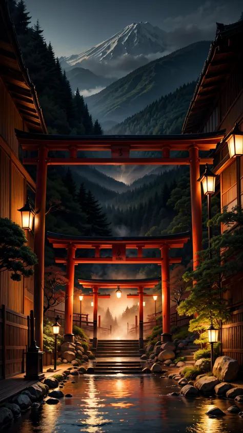 landscape, japan traditional hot onsen, dawn, dim light, detail, realistic, ((masterpiece)), hot steam, torii, wooden bucket, forest, bamboo, <lora:more_details:0.6>