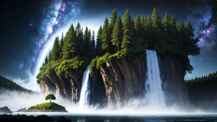 galaxy sky, big tree, dramatic atmosphere, flying island, waterfall.