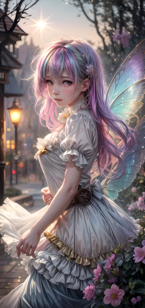 fine art masterclass splash spray trickle daubs of rainbow opaline Prisma Sakuraoil color,Steampunk celestial ethereal ghostly Fairy, HDR, ultra high-detail, centered, bokeh, lens flare, foggy dusk, bloom, light bloom, cinematic lighting, high dynamic range, depth of field, full pose<lora:add_detail:0.6> <lora:more_details:0.4>