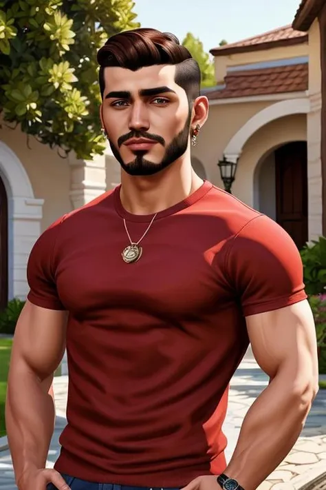 medium shot photo of 1boy, a latino man with buzz cut brown hair, goatee, ((handsome face)), (muscular:1.3), wearing a red tshirt and jeans, in front of a adobe style mansion, masterpiece, best quality <lora:The Sims 4 Male:1>