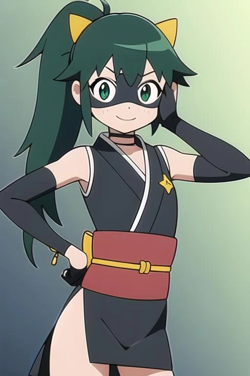 <lora:Koyuki Azumaya - [Keroro] - [Commission] - Version 1:.6>, masterpiece, best_quality, 1girl, flat_chest, koyuki, long_hair, hair_ornament, bare_shoulders, green_eyes, green_hair, mask, ponytail, sidelocks, sleeveless, choker, black_gloves, elbow_gloves, sash, obi, fishnets, ninja, black_kimono, short_kimono, mask,  domino_mask, smile, cowboy_shot