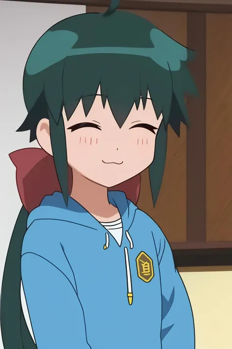 koyuki, 1girl, solo, long_hair, smile, bangs, indoor, black_hair, long_sleeves, bow, closed_mouth, closed_eyes, upper_body, ponytail, ahoge, hair_bow, sidelocks, green_hair, hood, red_bow, hoodie, :3, ^_^, hood_down, facing_viewer, close-up, drawstring, blue_hoodie