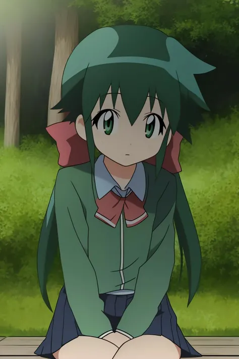 koyuki, 1girl, solo, long_hair, looking_at_viewer, green_hair, bangs, bow, ribbon, hair_between_eyes, green_eyes, hair_ribbon, hair_bow, sidelocks, green_hair, blue_shirt, blue_skirt, sitting, nature, forest