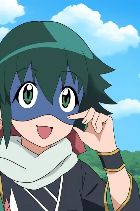 koyuki, 1girl, solo, long_hair, looking_at_viewer, blush, smile, short_hair, green_hair, open_mouth, bangs, green_eyes, upper_body, :d, outdoors, japanese_clothes, sky, day, cloud, scarf, blue_sky, bodysuit, mask, blue_background, parody, happy, fishnets, clenched_hand, portrait, close-up, clenched_hands, white_scarf, ninja, domino_mask