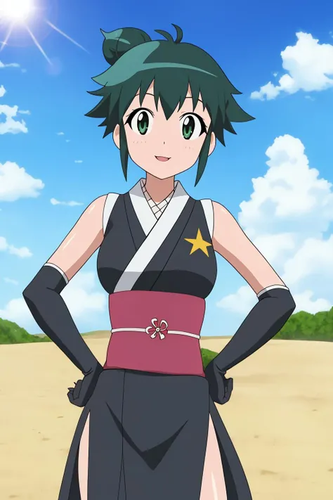 koyuki, 1girl, solo, breasts, smile, short_hair, open_mouth, hair_ornament, gloves, bare_shoulders, green_eyes, green_hair, standing, ponytail, sidelocks, cowboy_shot, outdoors, parted_lips, japanese_clothes, sky, sleeveless, choker, day, black_gloves, elbow_gloves, shiny, cloud, kimono, hair_bun, blue_sky, hand_on_hip, sash, eyelashes, obi, sunlight, single_hair_bun, cloudy_sky, fishnets, light_rays, hair_stick, ninja, black_kimono, long_kimono