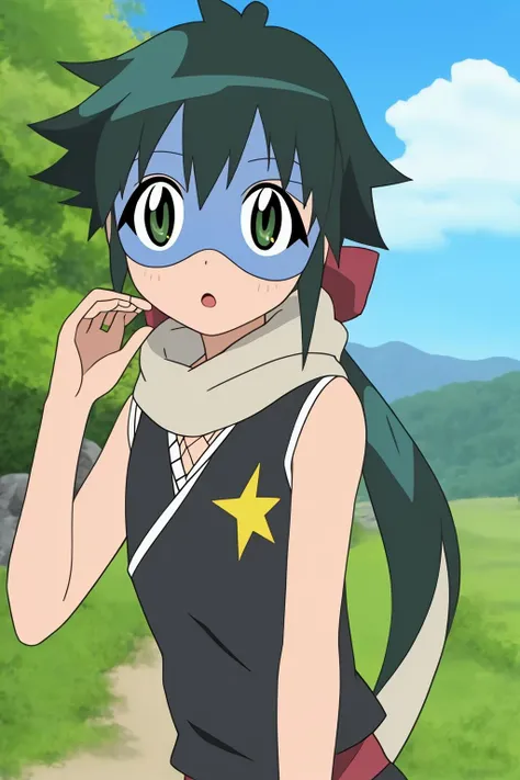 koyuki, 1girl, solo, long_hair, looking_at_viewer, blush, short_hair, open_mouth, bangs, bare_shoulders, green_eyes, upper_body, ponytail, sidelocks, outdoors, parted_lips, japanese_clothes, green_hair, sky, sleeveless, day, cloud, scarf, :o, vest, flat_chest, blue_sky, bodysuit, blue_mask, shaded_face, fishnets, wide-eyed, ninja, ((eye_mask))