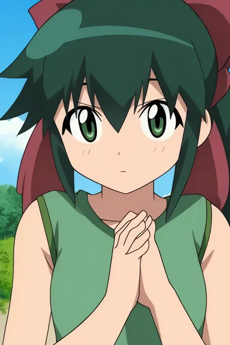 koyuki, 1girl, solo, long_hair, looking_at_viewer, blush, bangs, bow, ribbon, bare_shoulders, closed_mouth, green_eyes, hair_ribbon, upper_body, ponytail, hair_bow, outdoors, green_hair, sky, sleeveless, day, cloud, red_bow, blue_sky, expressionless, own_hands_together, tank_top, interlocked_fingers, close-up, green_shirt, own_hands_clasped, official_style, anime_coloring