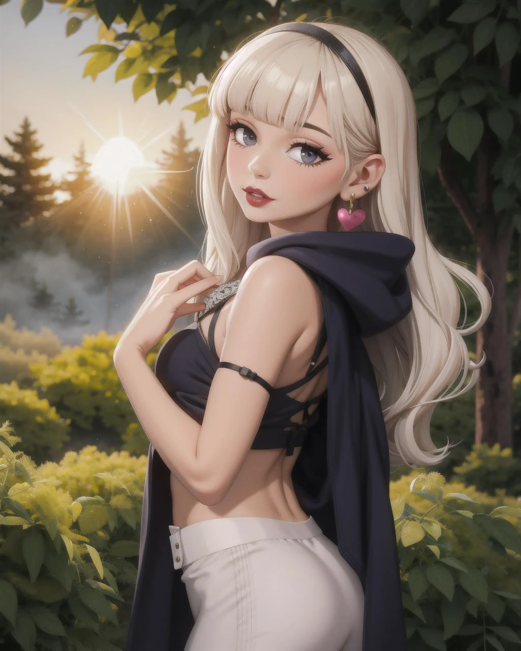 ((masterpiece), best quality, high quality, professional quality, highly detailed, highres, perfect lighting, natural lighting), tree pose, yoga leggings and hoodie, Trailblazer, Average Height, Fit, Heart-Shaped Face, Tan Skin, Gray Hair, Gray Eyes, Wide Nose, Thick Lips, Sharp Chin, Long Hair, Wavy Hair, Blunt Bangs, small breasts, Huggie earrings, gloss matte lipstick,Magenta Mesh Chemise with Strappy Back Detail, Satin Robe, Rhinestone Pasties, Lace Garter, Lean, Oval Face, Tan Skin, Wide Nose, Heart-shaped Lips, Sharp Chin, Bronze glossy lipstick, barrette, platinum blonde Kinky Hair Shoulder-Length Hair Bangs, with a sunrise in the background, enchanting fog settling over a forest, perfecteyes eyes, <lora:lora_perfecteyes_v1_from_v1_160:1>