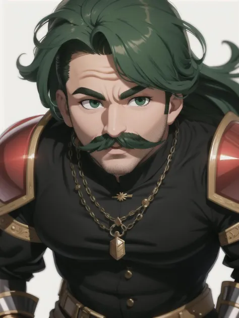 ((masterpiece), best quality, high quality, professional quality, highly detailed, highres, perfect lighting, natural lighting), (1boy, overweight, handsome, mustache, long hair, green hair), wearing armor, running, in a fantasy town, perfecteyes eyes, <lora:lora_perfecteyes_v1_from_v1_160:1>