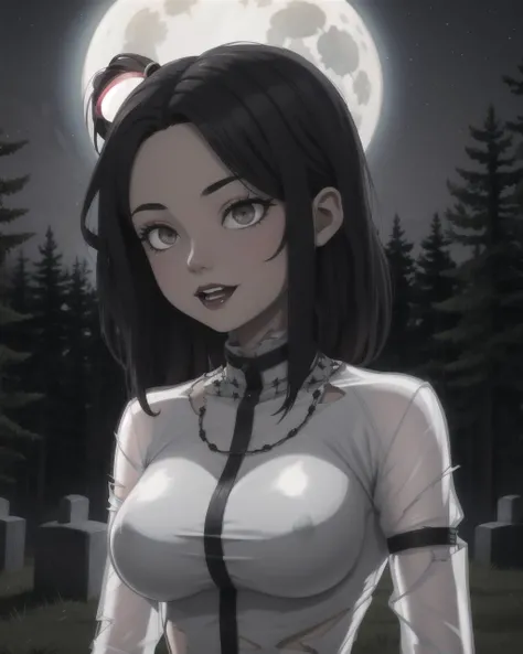 ((masterpiece), best quality, high quality, professional quality, highly detailed, highres, perfect lighting, natural lighting), (1girl, beautiful, demonic, ghostly, translucent skin:1.5, glowing skin:1.2, see-through skin:1.3, skeleton visible beneath skin, large breasts, emaciated:1.2, hollow eyes:1.3, wearing (torn clothing, translucent clothing:1.2)), in front of haunted rundown mansion, surrounded by dead trees, gravestone, at night, full moon, spirit orbs, tsurime, <lora:Tsurime3:1>
