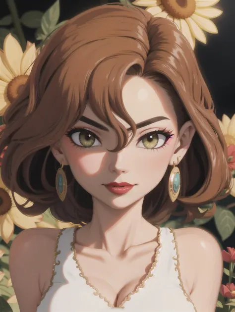 ((masterpiece), best quality, high quality, professional quality, highly detailed, highres, perfect lighting, natural lighting), An abstract representation of the passage of time, with layers and marks suggesting the flow of moments, Iris, In a realm of eternal summer, a radiant garden flourishes, its sun-kissed blossoms blooming in resplendent glory, Agate, Intense luster that radiates a captivating glow, Festooned, Diva, Tall, Skinny, Oval Face, Olive Skin, Chestnut Hair, Amber Eyes, [[Curved Nose]], Thin Lips, Prominent Chin, Shoulder-Length Hair, Fine Hair, Tapered Afro, saggy breasts, Cuff earrings, magenta stain lipstick, perfecteyes eyes, <lora:lora_perfecteyes_v1_from_v1_160:1>