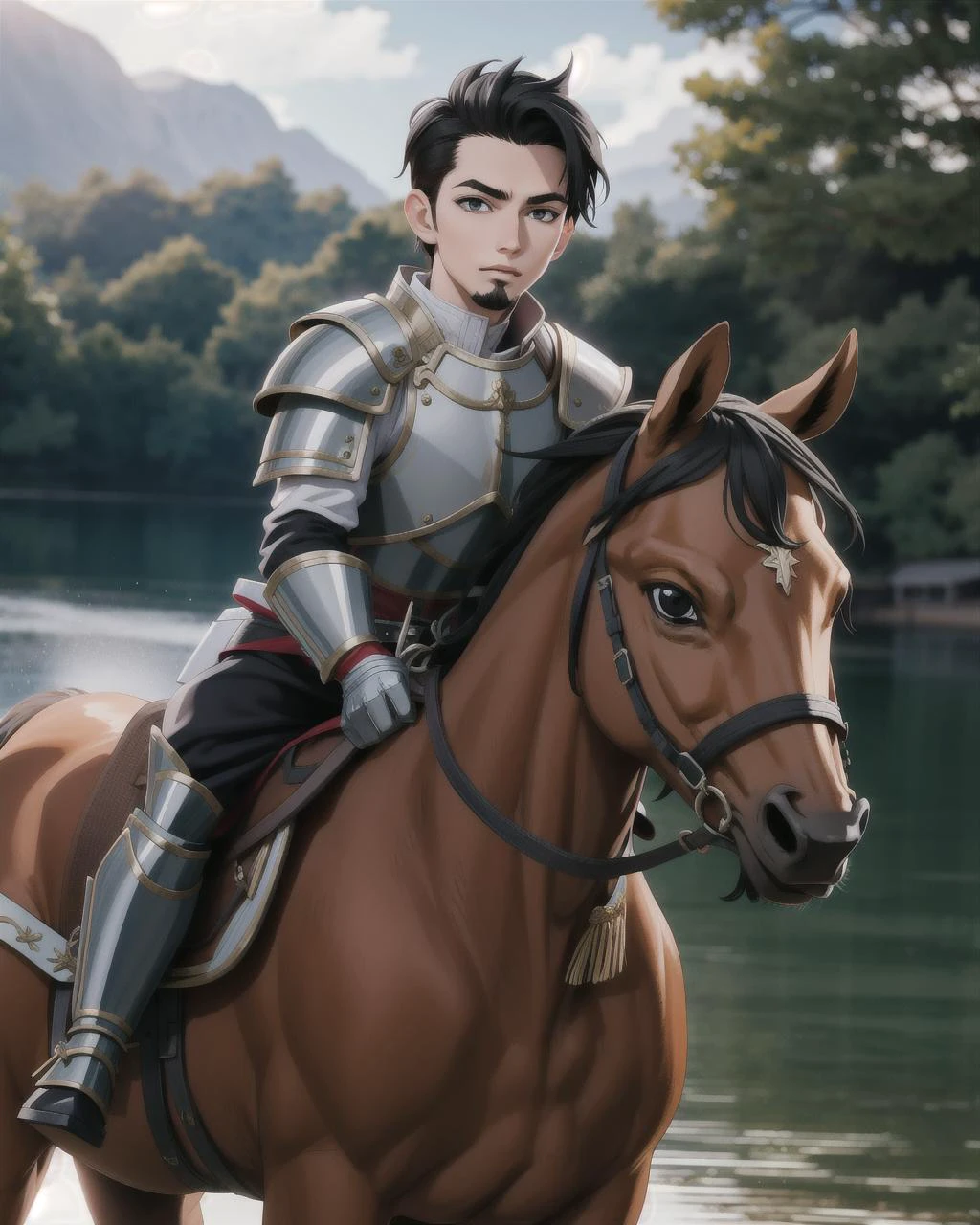 ((masterpiece), best quality, high quality, professional quality, highly detailed, highres, perfect lighting, natural lighting), (1boy, slender, handsome, goatee, short hair, black hair), wearing armor, riding a horse, by a lake, perfecteyes eyes, <lora:lora_perfecteyes_v1_from_v1_160:1>