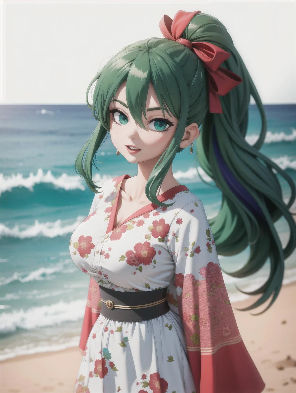 ((masterpiece), best quality, high quality, professional quality, highly detailed, highres, perfect lighting, natural lighting), (1girl, beautiful, medium breasts, (multicolored hair, silver hair,red hair,green hair, long hair, high ponytail), perfecteyes eyes), (wearing raindrop print, extremelyBeautiful_beautifulclotheswild/Extremely beautiful clothes), on the beach, walking the boardwalk, <lora:lora_perfecteyes_v1_from_v1_160:1>