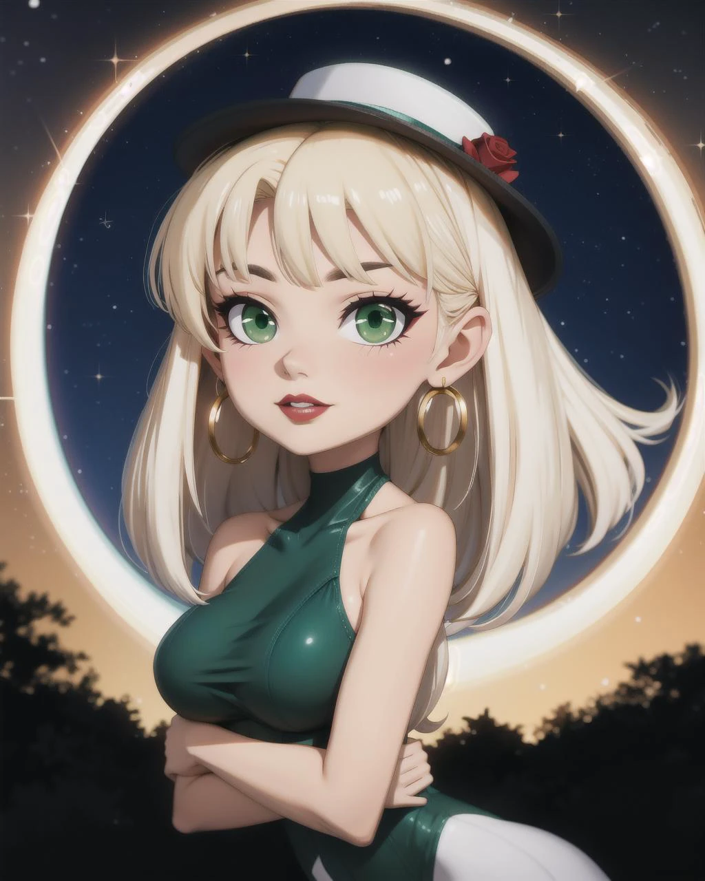 ((masterpiece), best quality, high quality, professional quality, highly detailed, highres, perfect lighting, natural lighting), half moon pose, yoga jumpsuit, Vixen, Tall, Toned, Diamond-Shaped Face, Dark Skin, Dark Brown Hair, green Eyes, Narrow Nose, Pouty Lips, Sharp Chin, Long Hair, Straight Hair, Short Afro, small breasts, Hoop earrings, rose sheer lipstick,Hats, Duchess, Tall, Athletic, Oval Face, Tan Skin, Platinum Blonde Hair, Brown Eyes with Green Flecks, Short Nose, Thin Lips, Round Chin, Shoulder-Length Hair, Straight Hair, Straight Bob with Layers, large breasts, Huggie earrings, green metallic lipstick, a quiet, snow-filled meadow under a starlit sky, perfecteyes eyes, <lora:lora_perfecteyes_v1_from_v1_160:1>