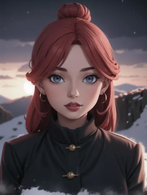 ((masterpiece), best quality, high quality, professional quality, highly detailed, highres, perfect lighting, natural lighting), portrait, dark, intrepid occult detective, Tan Skin, Redhead with a messy bun and loose strands, terracotta gloss lipstick, with a snow-covered landscape in the background, perfecteyes eyes, <lora:lora_perfecteyes_v1_from_v1_160:1>