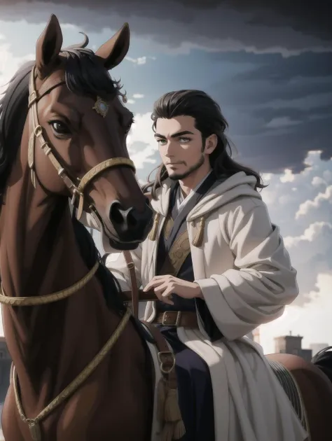 ((masterpiece), best quality, high quality, professional quality, highly detailed, highres, perfect lighting, natural lighting), (1boy, muscular, handsome, no facial hair, long hair, black hair), wearing wizard robes, riding a horse, in a fantasy town, perfecteyes eyes, <lora:lora_perfecteyes_v1_from_v1_160:1>