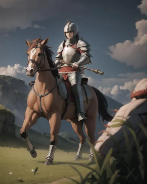 ((masterpiece), best quality, high quality, professional quality, highly detailed, highres, perfect lighting, natural lighting), knight, wearing armor, holding weapon, horseback, stallion, battle against dragon
