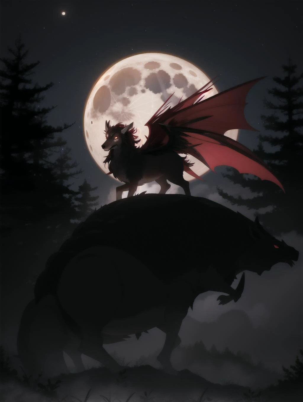 ((masterpiece), best quality, high quality, professional quality, highly detailed, highres, perfect lighting, natural lighting), otherworldly, vengeful malevolent spirit, Dark Skin, Redhead with half-up half-down style and loose curls, lavender metallic lipstick, A moonlit forest shrouded in mist, with a silhouette lurking in the distance, manticore, griffin, minotaur, perfecteyes eyes, <lora:lora_perfecteyes_v1_from_v1_160:1>