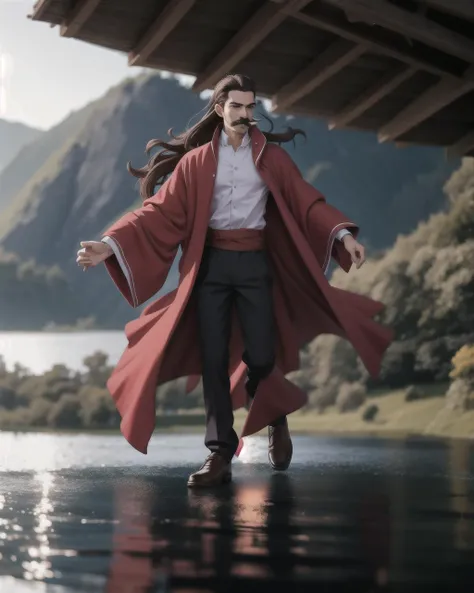 ((masterpiece), best quality, high quality, professional quality, highly detailed, highres, perfect lighting, natural lighting), (1boy, slender, handsome, mustache, long hair, brown hair), wearing wizard robes, running, by a lake, perfecteyes eyes, <lora:lora_perfecteyes_v1_from_v1_160:1>