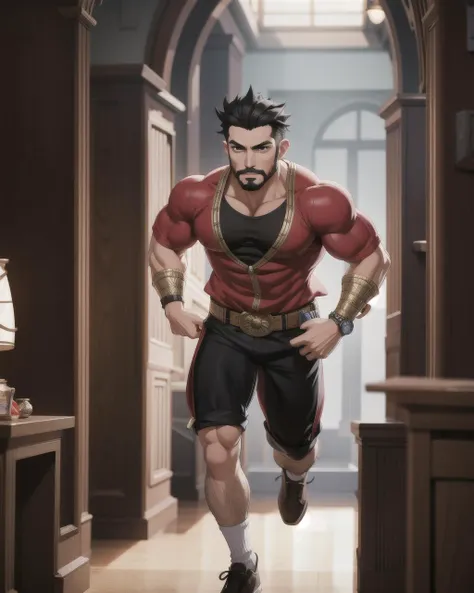 ((masterpiece), best quality, high quality, professional quality, highly detailed, highres, perfect lighting, natural lighting), (1boy, muscular, handsome, facial hair, short hair, black hair), wearing fantasy clothing, running, in a fantasy town, perfecteyes eyes, <lora:lora_perfecteyes_v1_from_v1_160:1>