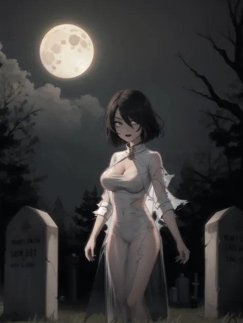 ((masterpiece), best quality, high quality, professional quality, highly detailed, highres, perfect lighting, natural lighting), (1girl, beautiful, demonic, ghostly, translucent skin:1.5, glowing skin:1.2, see-through skin:1.3, skeleton visible beneath skin, large breasts, emaciated:1.2, hollow eyes:1.3, wearing (torn clothing, translucent clothing:1.2)), in front of haunted rundown mansion, surrounded by dead trees, gravestone, at night, full moon, spirit orbs, tsurime, <lora:Tsurime3:1>