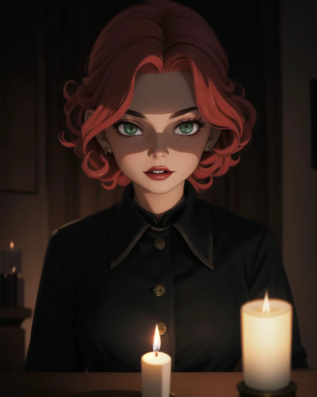 ((masterpiece), best quality, high quality, professional quality, highly detailed, highres, perfect lighting, natural lighting), horrific, Mystical figure with arcane powers, Tan Skin, Redhead with curly hair styled in a loose updo, green stain lipstick, A dimly lit room with a flickering candle casting eerie shadows, perfecteyes eyes, <lora:lora_perfecteyes_v1_from_v1_160:1>