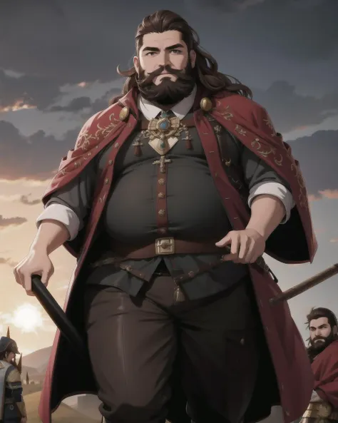 ((masterpiece), best quality, high quality, professional quality, highly detailed, highres, perfect lighting, natural lighting), (1boy, overweight, handsome, long beard, medium length hair, brown hair), wearing wizard robes, riding a horse, on a battlefield, perfecteyes eyes, <lora:lora_perfecteyes_v1_from_v1_160:1>