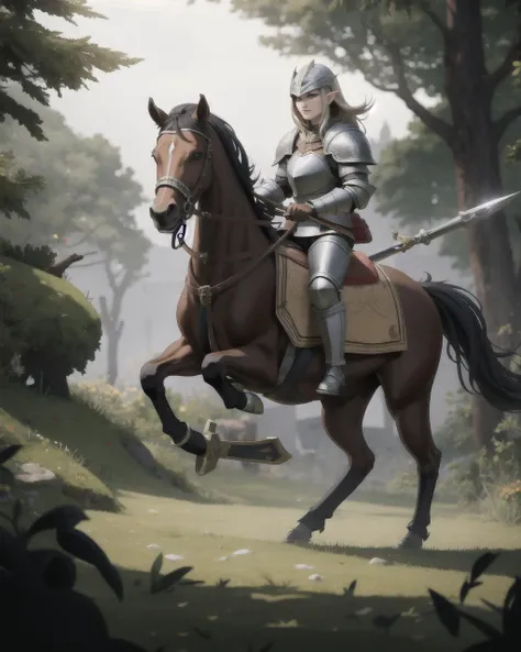 ((masterpiece), best quality, high quality, professional quality, highly detailed, highres, perfect lighting, natural lighting), knight, wearing armor, holding weapon, horseback, stallion, battle against orcs