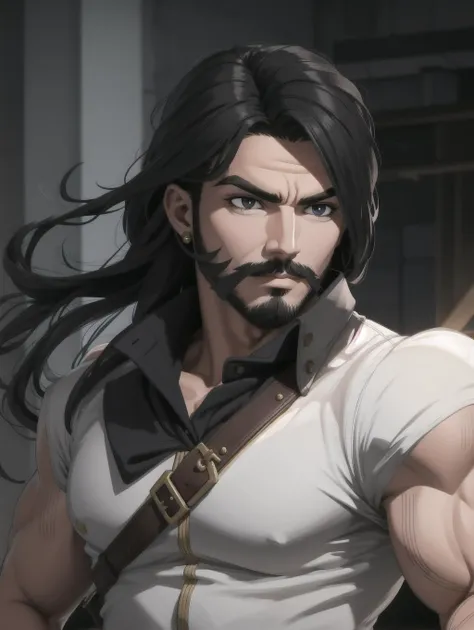 ((masterpiece), best quality, high quality, professional quality, highly detailed, highres, perfect lighting, natural lighting), (1boy, muscular, handsome, facial hair, long hair, black hair), wearing fantasy clothing, running, on a battlefield, perfecteyes eyes, <lora:lora_perfecteyes_v1_from_v1_160:1>