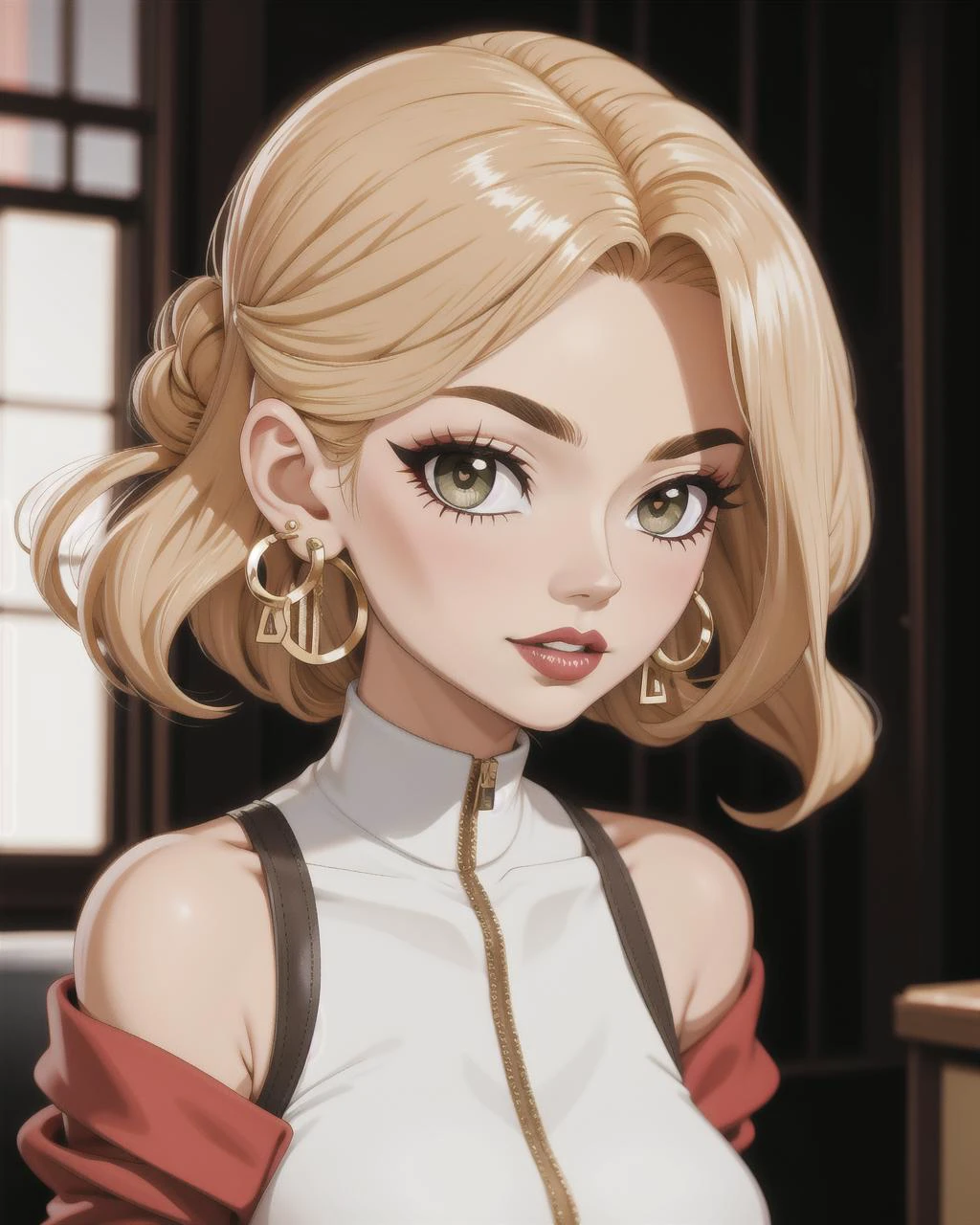 ((masterpiece), best quality, high quality, professional quality, highly detailed, highres, perfect lighting, natural lighting), Pilates pants and fitted long-sleeve top, Empress, Short, Skinny, Round Face, Tan Skin, Blonde Hair, Gray Eyes, [[Curved Nose]], Full Lips, Round Chin, Shoulder-Length Hair, Straight Hair, Side-Swept Bangs, augmented breasts, Faux gauge earrings, brown satin lipstick,upward stretch, yoga unitard, Trailblazer, Short, Fit, Square Face, Olive Skin, Golden Blonde Hair, gold Eyes, Wide Nose, Thick Lips, Prominent Chin, Shoulder-Length Hair, Curly Hair, Waterfall Braid, large breasts, Faux gauge earrings, coral metallic lipstick,  perfecteyes eyes, <lora:lora_perfecteyes_v1_from_v1_160:1>
