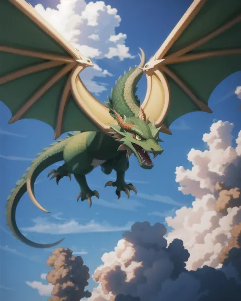 ((masterpiece), best quality, high quality, professional quality, highly detailed, highres, perfect lighting, natural lighting), green dragon, flying in sky, clouds, day