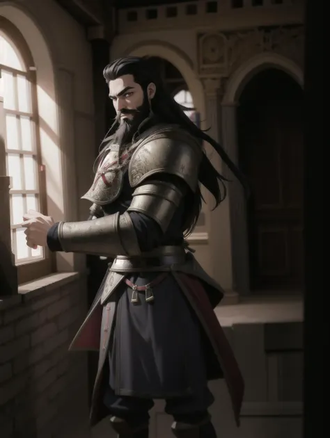 ((masterpiece), best quality, high quality, professional quality, highly detailed, highres, perfect lighting, natural lighting), (1boy, slender, handsome, long beard, short hair, black hair), wearing armor, fighting, in a castle, perfecteyes eyes, <lora:lora_perfecteyes_v1_from_v1_160:1>