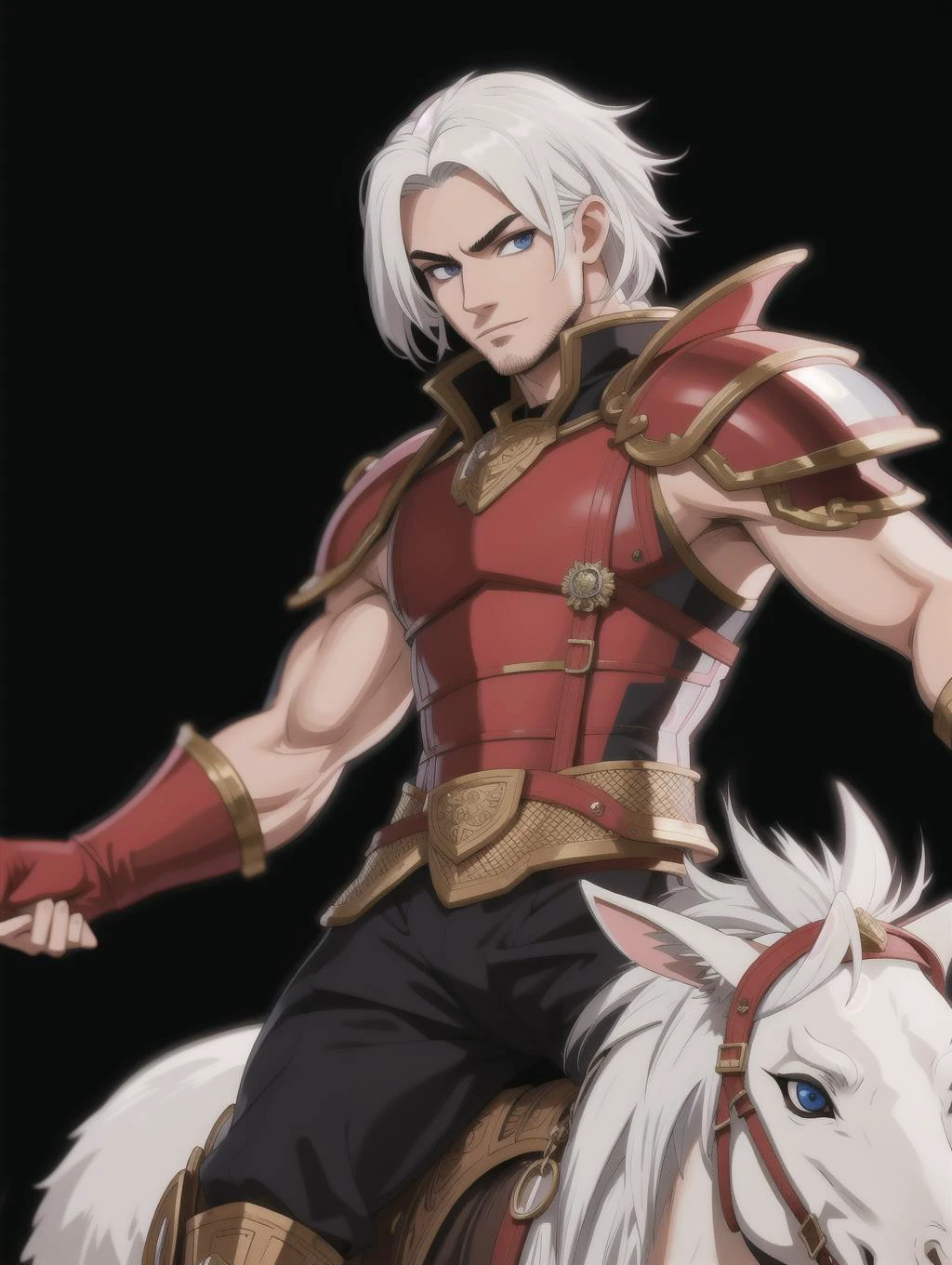 ((masterpiece), best quality, high quality, professional quality, highly detailed, highres, perfect lighting, natural lighting), (1boy, muscular, handsome, no facial hair, medium length hair, white hair), wearing armor, riding a dragon, in a castle, perfecteyes eyes, <lora:lora_perfecteyes_v1_from_v1_160:1>