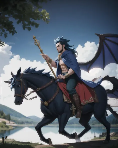 ((masterpiece), best quality, high quality, professional quality, highly detailed, highres, perfect lighting, natural lighting), (1boy, muscular, handsome, no facial hair, long hair, blue hair), wearing wizard robes, riding a dragon, by a lake, perfecteyes eyes, <lora:lora_perfecteyes_v1_from_v1_160:1>