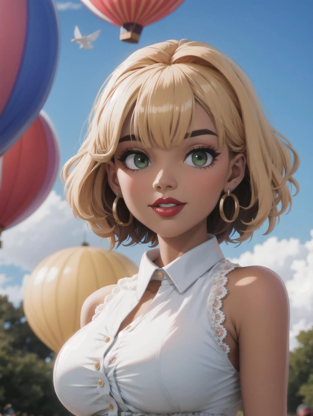 ((masterpiece), best quality, high quality, professional quality, highly detailed, highres, perfect lighting, natural lighting), Rugby, Gal, Short, Wide Hips, Round Face, Dark Skin, Blonde Hair, Hazel Eyes with Green Flecks, Straight Nose, Thin Lips, Round Chin, Shoulder-Length Hair, Straight Hair, Fishtail Braid, asymmetrical breasts, Threader earrings, rose satin lipstick,Fabric, soft, Christo, Green Velvet Slip with Lace Trim, Fit, Oval Face, Olive Skin, Narrow Nose, Thick Lips, Sharp Chin, Orange sheer lipstick, sunglasses, light brown Wavy Hair Pixie Cut Bun, with a rainbow in the sky in the background, colorful hot air balloons dotting the sky, perfecteyes eyes, <lora:lora_perfecteyes_v1_from_v1_160:1>