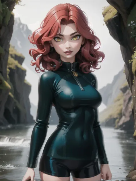 ((masterpiece), best quality, high quality, professional quality, highly detailed, highres, perfect lighting, natural lighting), Whirling and swirling, rash guard, Femme fatale, Short, Narrow Hips, Square Face, Fair Skin, Red Hair, yellow Eyes, Long Nose, Pouty Lips, Prominent Chin, Shoulder-Length Hair, Curly Hair, Shaggy Cut, small breasts, , teal metallic lipstick, Liquid trickling down in gentle streams, Majestic fjords and cliffs by water, perfecteyes eyes, <lora:lora_perfecteyes_v1_from_v1_160:1>