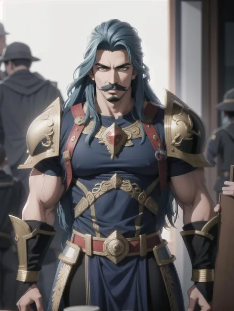 ((masterpiece), best quality, high quality, professional quality, highly detailed, highres, perfect lighting, natural lighting), (1boy, muscular, handsome, mustache, long hair, blue hair), wearing armor, casting a spell, on a battlefield, perfecteyes eyes, <lora:lora_perfecteyes_v1_from_v1_160:1>