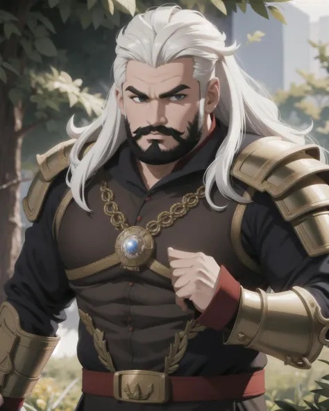 ((masterpiece), best quality, high quality, professional quality, highly detailed, highres, perfect lighting, natural lighting), (1boy, overweight, handsome, facial hair, long hair, white hair), wearing armor, casting a spell, outdoors, perfecteyes eyes, <lora:lora_perfecteyes_v1_from_v1_160:1>