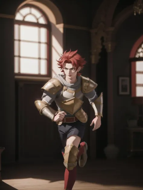 ((masterpiece), best quality, high quality, professional quality, highly detailed, highres, perfect lighting, natural lighting), (1boy, slender, handsome, no facial hair, short hair, red hair), wearing armor, running, in a castle, perfecteyes eyes, <lora:lora_perfecteyes_v1_from_v1_160:1>