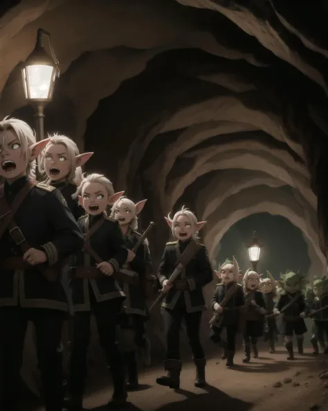 ((masterpiece), best quality, high quality, professional quality, highly detailed, highres, perfect lighting, natural lighting), goblin army, marching, dark cave, weapons drawn, ugly faces, long fangs, wearing ragged clothing, gross, disgusting