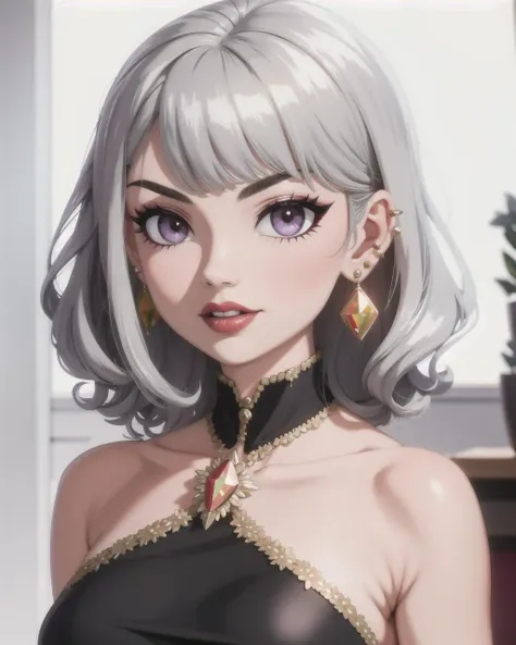 ((masterpiece), best quality, high quality, professional quality, highly detailed, highres, perfect lighting, natural lighting), Ruby, Intricate crystal formations that resemble frozen flowers, capturing the magic of nature, Habited, Vixen, Short, Fit, Square Face, Dark Skin, Silver Hair, peach Eyes, Wide Nose, Full Lips, Sharp Chin, Shoulder-Length Hair, Curly Hair, Bob with Bangs, natural breasts, Stud earrings, mauve matte lipstick, perfecteyes eyes, <lora:lora_perfecteyes_v1_from_v1_160:1>