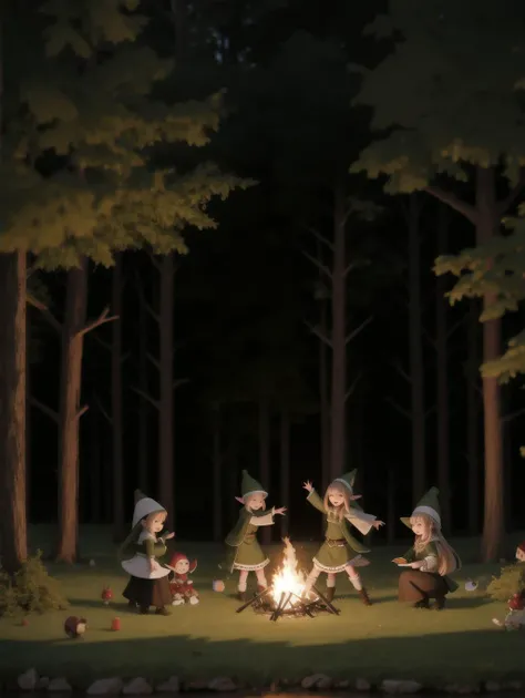 ((masterpiece), best quality, high quality, professional quality, highly detailed, highres, perfect lighting, natural lighting), group of elves, dancing, bonfire, in forest, surrounded by large trees