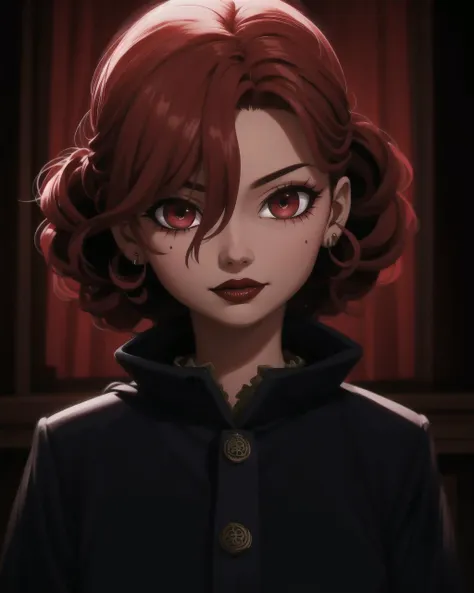 ((masterpiece), best quality, high quality, professional quality, highly detailed, highres, perfect lighting, natural lighting), horrific, sinister cultist, Dark Skin, Redhead with curly hair styled in a loose updo, rose velvet lipstick, A solitary figure standing in front of a sinister, ancient symbol, perfecteyes eyes, <lora:lora_perfecteyes_v1_from_v1_160:1>