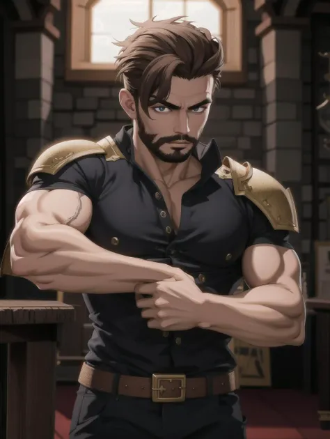 ((masterpiece), best quality, high quality, professional quality, highly detailed, highres, perfect lighting, natural lighting), (1boy, muscular, handsome, facial hair, short hair, brown hair), wearing armor, casting a spell, in a castle, perfecteyes eyes, <lora:lora_perfecteyes_v1_from_v1_160:1>