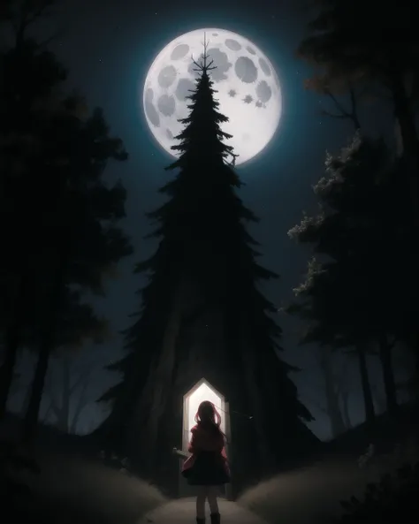 ((masterpiece), best quality, high quality, professional quality, highly detailed, highres, perfect lighting, natural lighting), giant spider, weaving web, between two trees, at night, moonlight, terrifying, horror theme