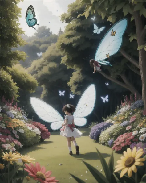 ((masterpiece), best quality, high quality, professional quality, highly detailed, highres, perfect lighting, natural lighting), group of fairies, butterfly wings, translucent wings, flying, magical garden