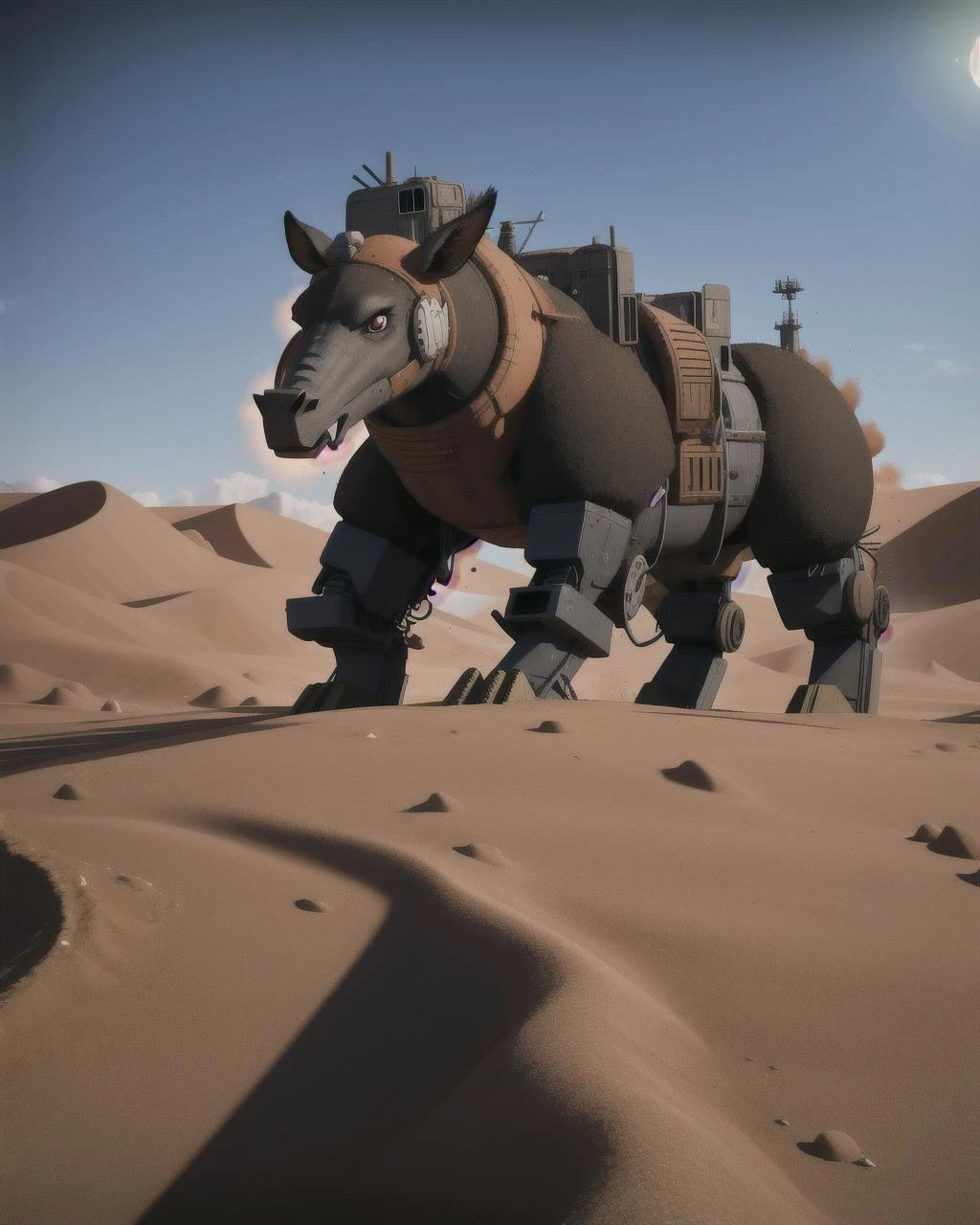 ((masterpiece), best quality, high quality, professional quality, highly detailed, highres, perfect lighting, natural lighting), cybernetic, immersive virtual reality realm, A barren desert planet with extreme temperature fluctuations and towering sand dunes stretching across its surface., Post-Apocalyptic Wasteland, hippogriff, perfecteyes eyes, <lora:lora_perfecteyes_v1_from_v1_160:1>