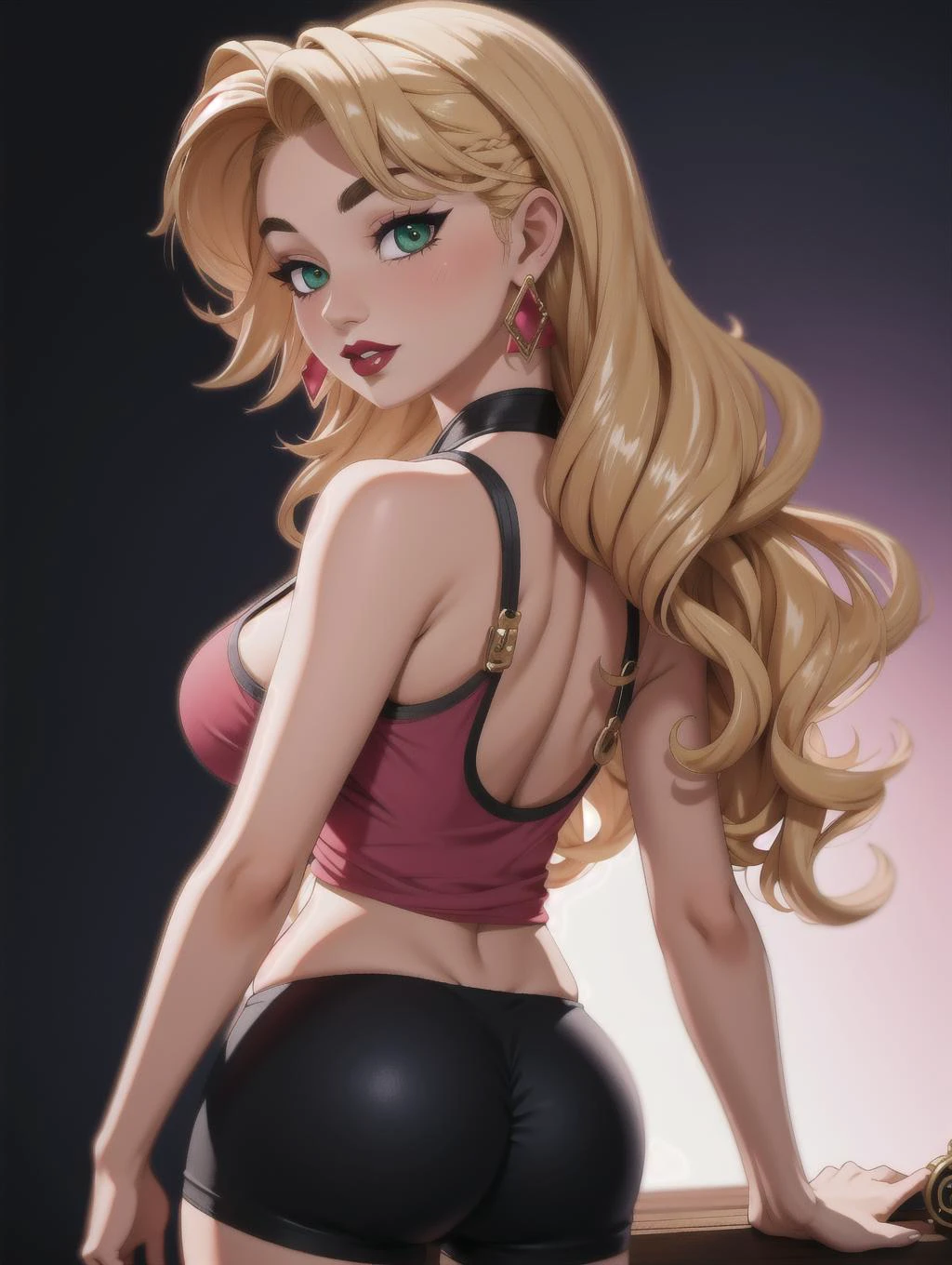 ((masterpiece), best quality, high quality, professional quality, highly detailed, highres, perfect lighting, natural lighting), Generate a stunning, ultra-detailed masterpiece, Green Sheer Teddy with Lace Trim, Skinny, Square Face, Light Skin, Straight Nose, Thin Lips, Cleft Chin, Pink sheer lipstick, hair tie, black Straight Hair Long Hair Braids, one hand on hip,Fitted yoga shorts and strappy-back tank top, Goddess, Short, Toned, Triangular Face, Fair Skin, Golden Blonde Hair, Hazel Eyes with Green Flecks, Long Nose, Full Lips, Receding Chin, Long Hair, Thick Hair, Wavy Bob, firm breasts, Stud earrings, lavender stain lipstick, perfecteyes eyes, <lora:lora_perfecteyes_v1_from_v1_160:1>