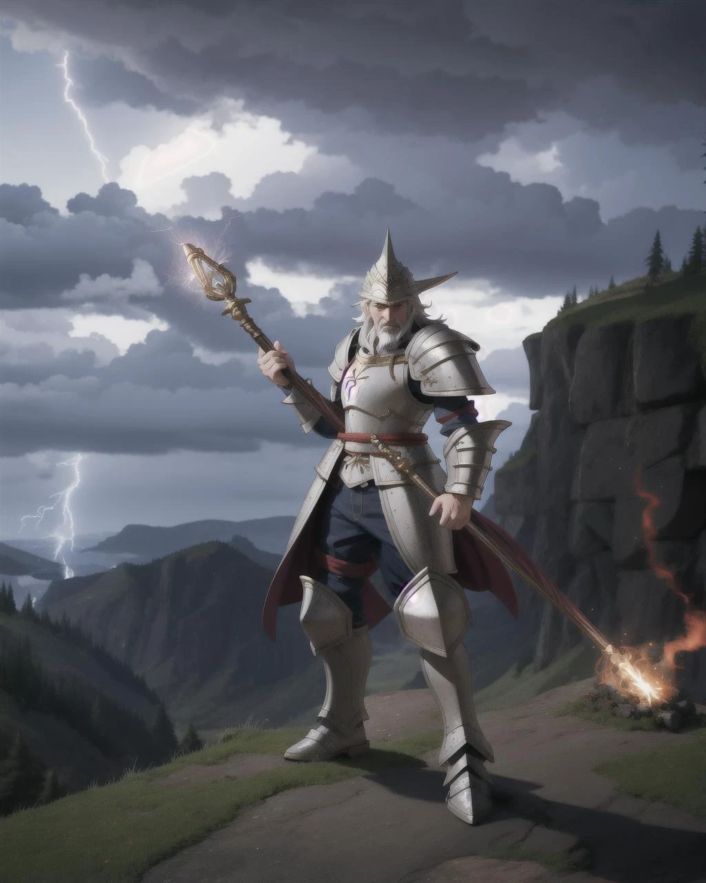 ((masterpiece), best quality, high quality, professional quality, highly detailed, highres, perfect lighting, natural lighting), old wizard, wearing battle armor, casting a lightning spell, on a cliff