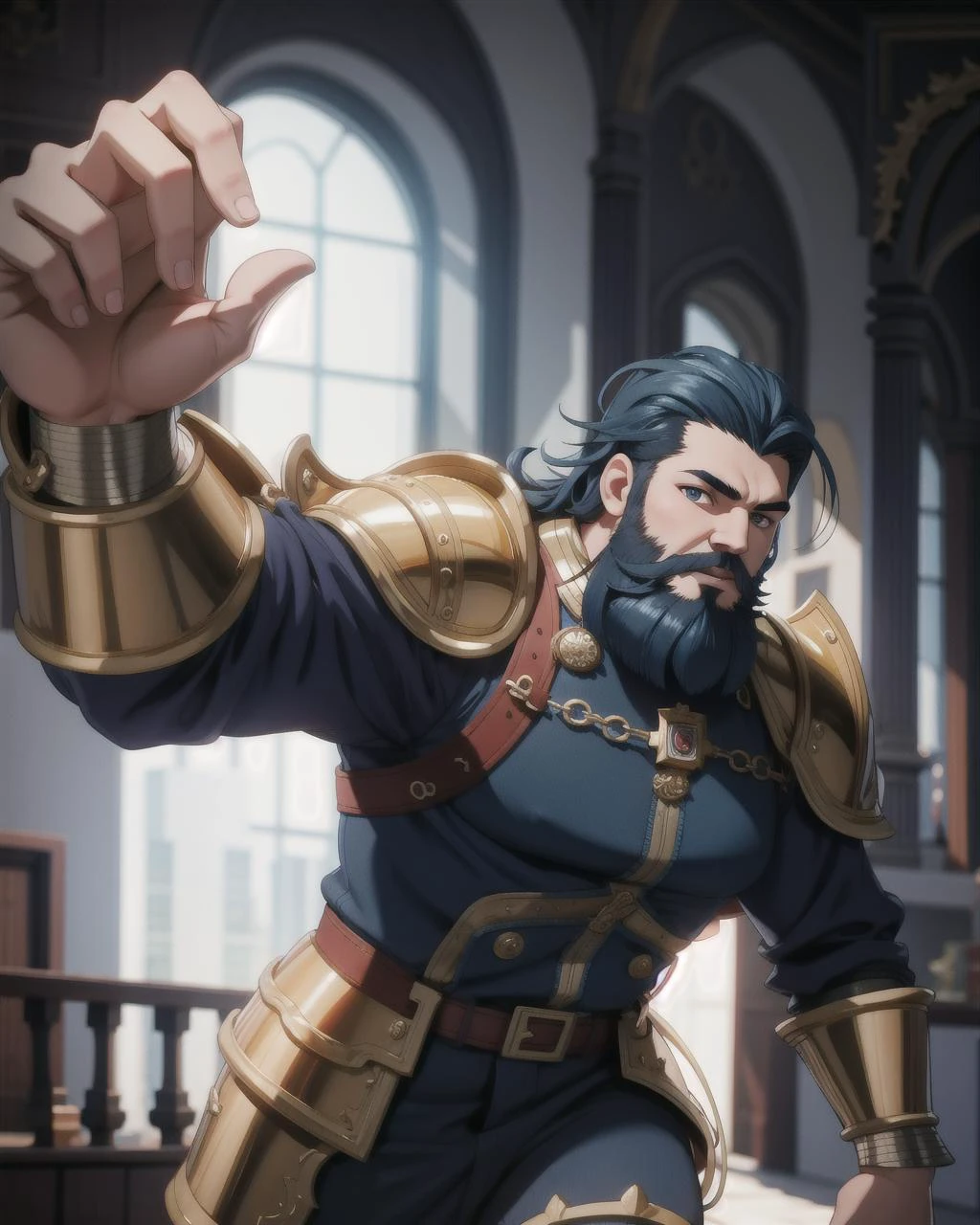 ((masterpiece), best quality, high quality, professional quality, highly detailed, highres, perfect lighting, natural lighting), (1boy, overweight, handsome, long beard, short hair, blue hair), wearing armor, running, in a castle, perfecteyes eyes, <lora:lora_perfecteyes_v1_from_v1_160:1>
